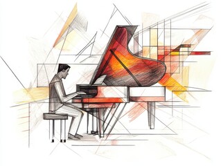 Abstract jazz pianist drawing poster. Modern colorful illustration.