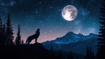 A lone wolf howling at the full moon against a mountain backdrop, creating a mystical and dramatic night scene.