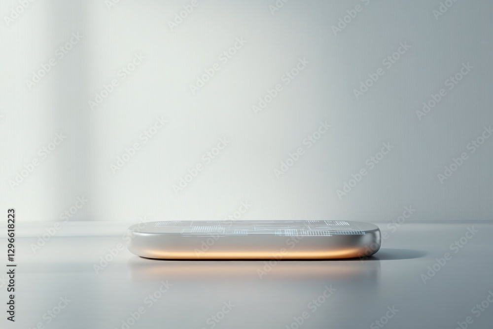 Poster sleek glossy podium with digital overlays highlighted under soft lighting to emphasize modern design