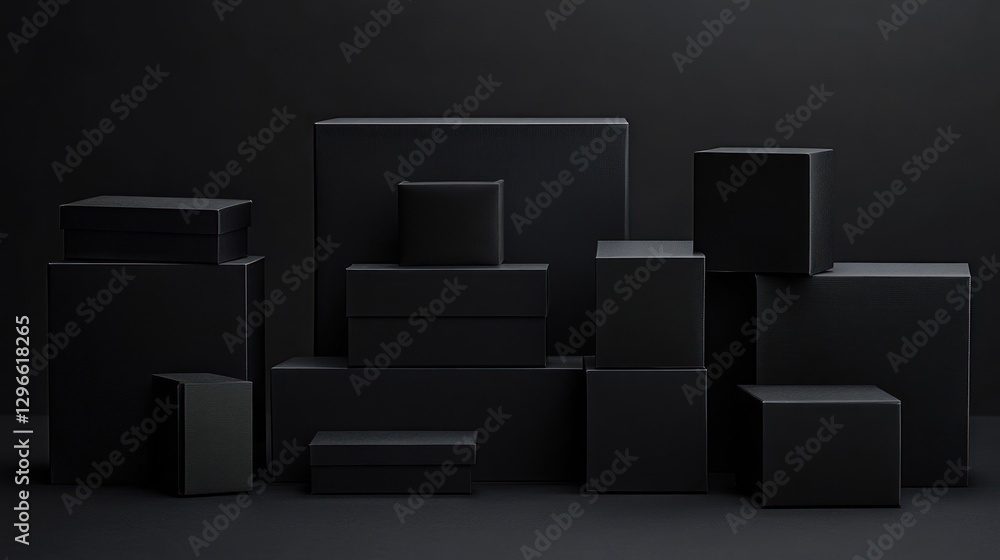 Poster dark background with various sized black boxes stacked.