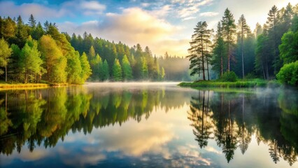 Obraz premium Forest Surrounding Serene Lake on Misty Morning, serene landscape