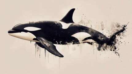 Fototapeta premium A creative artistic depiction of an orca leaping from ink splashes, blending realism with abstract painting elements.