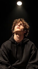 Fototapeta premium A man with brown hair is wearing a black hoodie and looking up at a light