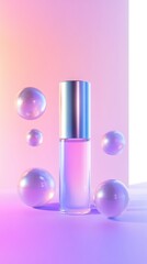 A futuristic perfume bottle with floating bubbles and soft neon lighting, creating a surreal beauty concept.