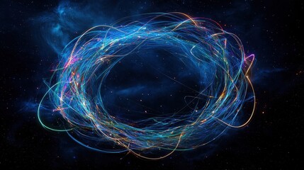 Circular light trails illuminating the dark night sky with vibrant colors and dynamic movement