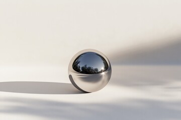 smooth metallic sphere resting on white surface shadows forming delicate gradients around it
