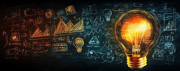Glowing lightbulb with business plan sketches on a professional desktop, innovation, business strategy, startup brainstorming session