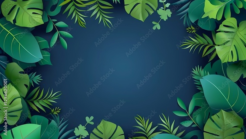 Poster jungle frame: a lush border of vibrant green leaves frames a deep blue center, creating a captivatin