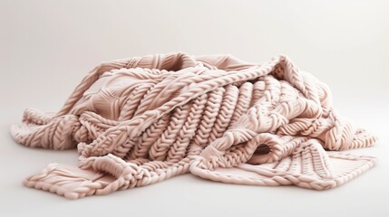 A decorative throw blanket with a chunky knit pattern in a soft pastel shade, draped elegantly, isolated on a clean white background. 