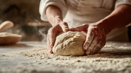 A baker kneading fresh dough on a floured surface, hands covered in flour, evoking a rustic and traditional baking scene.