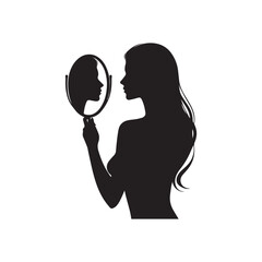 Woman watching her face in a mirror silhouette on white background. 