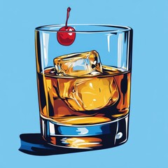 A stylized digital illustration of a whiskey glass with ice cubes and a cherry on top, in a bold pop-art style.