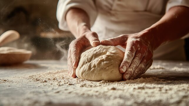 A baker kneading fresh dough on a floured surface, hands covered in flour, evoking a rustic and traditional baking scene.