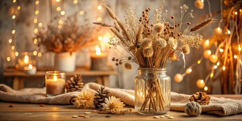 Cozy autumn home decor with dried flowers in a vase surrounded by warm lighting and natural textures , autumn home decor, natural textures