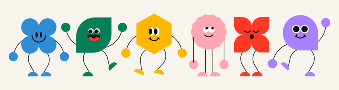 Cute geometric figures with faces. Isolated cartoon heads with eyes and emotions. Group of geometric characters. Funny drawings with childish style. Flat vector illustrations.