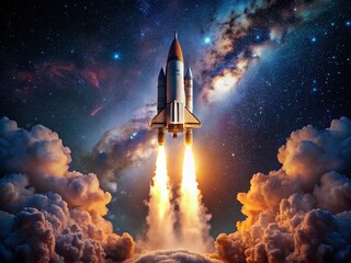 Majestic Rocket Launch at Night, Starry Sky, Cosmic Exploration, Spacecraft Ascent