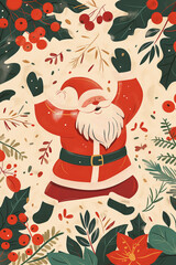 Naklejka premium Christmas Cheer – Cute Santa Claus Illustration with Snow and Holly