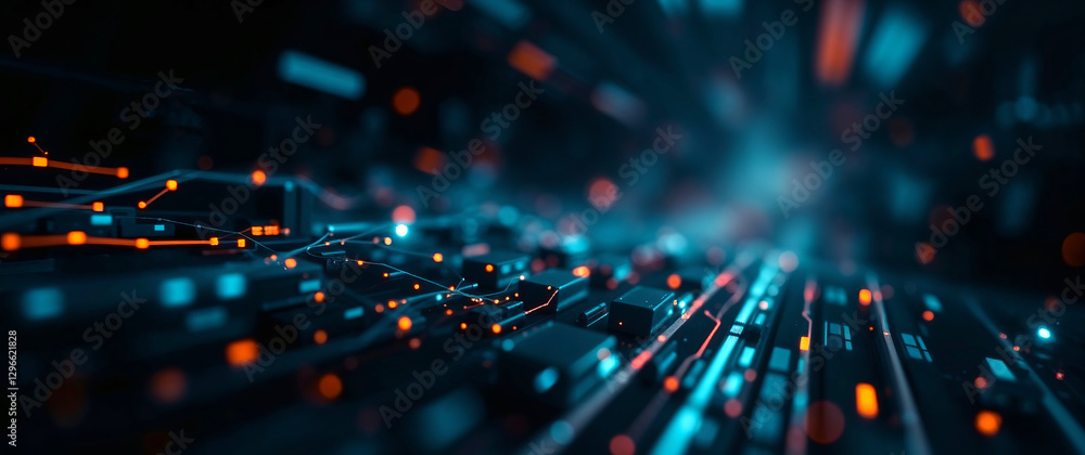 Fototapete futuristic circuit board showing data flowing through network connections