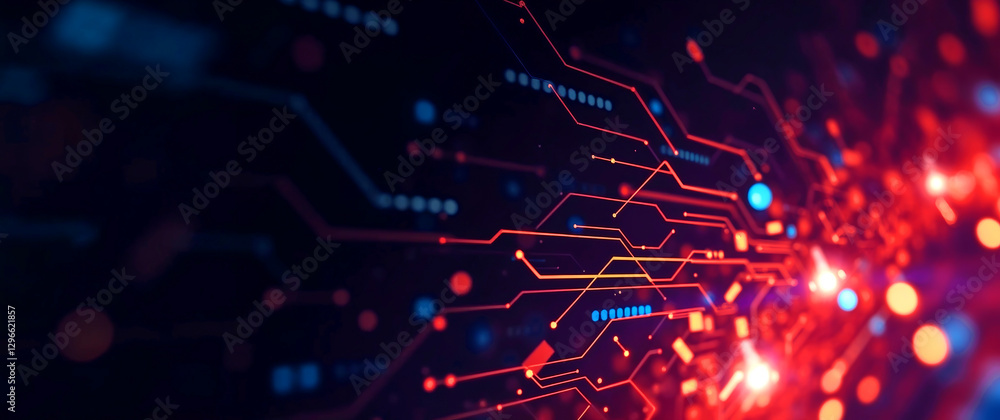 Poster futuristic circuit board pulsating with data flowing through electronic components