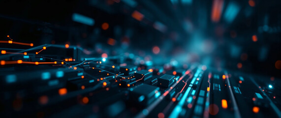 Futuristic circuit board showing data flowing through network connections