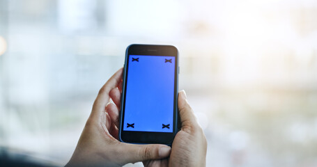 Closeup, hand and phone with green screen for social media, website or internet mockup. Businessperson, hold and mobile app for web in digital marketing, e commerce or cyber security with chromakey