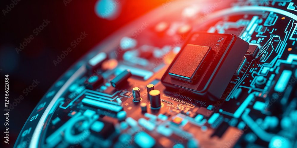 Poster Cpu processing data on futuristic circuit board with red light