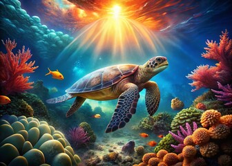Fototapeta premium Majestic Sea Turtle: Underwater Digital Art, Rule of Thirds Composition