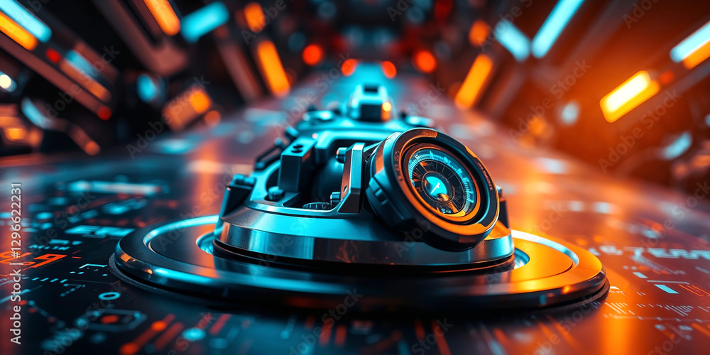 Poster Futuristic device controlling complex machinery in high-tech environment