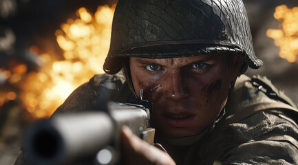 A soldier in a helmet focuses intently while aiming a weapon amidst the chaos of battle. The surrounding area is marked by explosions and destruction