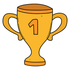 Hand drawn cartoon gold trophy first place on white background.