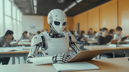 Advanced AI Robot Studying in Classroom Futuristic Education Technology Concept