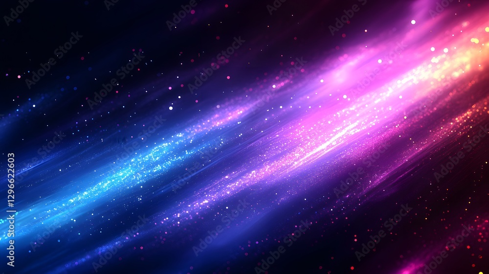 Poster bright diagonal colored cosmic streams with many small sparkling particles