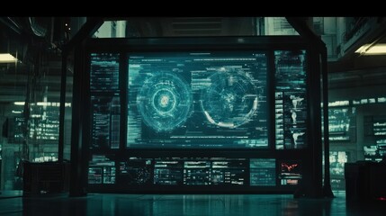 Futuristic Control Center with Data Display Screens and Cyberpunk Atmosphere