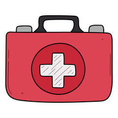 Obraz premium Hand drawn cartoon portable red first aid kit on white background.