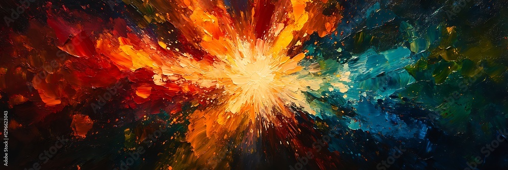 Poster explosion of colors: a vibrant and dynamic explosion of colors erupts from the center, creating an a