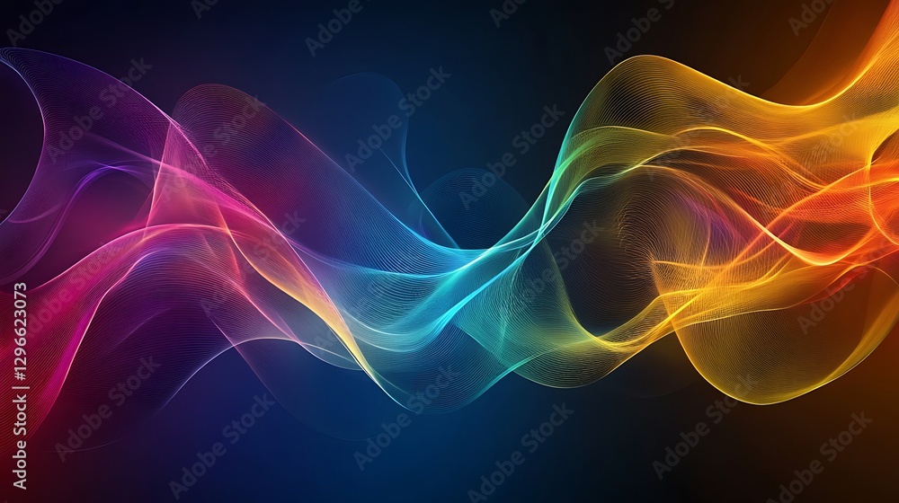 Poster abstract color waves: dynamic, fluid bands of vibrant colors flow across a dark background, creating