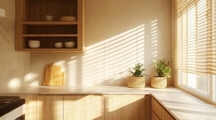 Fototapeta premium Minimalist kitchen with soft terracotta and creamy white hues, golden morning light, marble countertops, light wood cabinetry, and organic touches from potted herbs and woven baskets. A fresh and sere