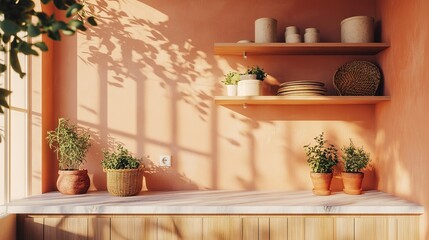 Minimalist kitchen with soft terracotta and creamy white hues, golden morning light, marble countertops, light wood cabinetry, and organic touches from potted herbs and woven baskets. A fresh and sere