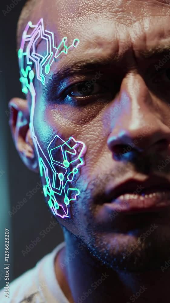 Poster a man stands in a dimly lit urban environment showcasing intricate glowing patterns on his face that