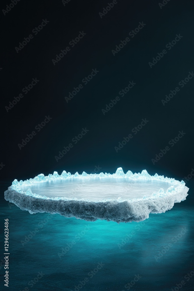 Poster surreal alien platform with glowing crystals surrounding edges floating above luminous alien lake cr
