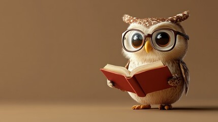 Studious owl reading book on brown background