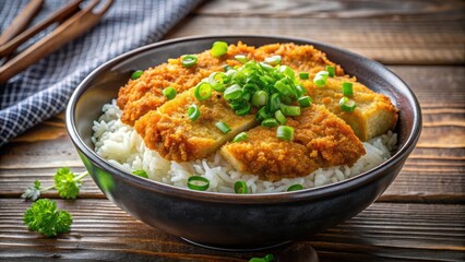 Crispy fried pork cutlet on top of a steaming hot bowl of curry with fluffy Japanese rice, garnished with fresh green onions and sesame seeds, fried, dinner