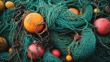 Colorful fishing nets with buoys and chains in nautical scene.