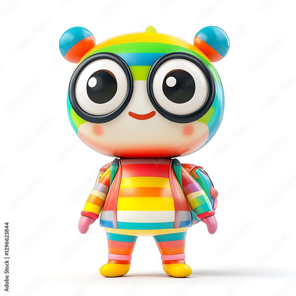 Poster vibrant character: a charming, vividly colorful animated character with a cheerful expression and st