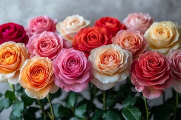 Obraz premium A bouquet of multi-colored roses on a white background, with an emphasis on the texture of the petals.