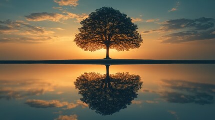 Obraz premium A majestic tree standing alone in the middle of a serene lake surrounded by calm waters and sky