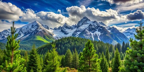 Fototapeta premium Majestic Summer Alps: Snow-Capped Peak & Pine Forest