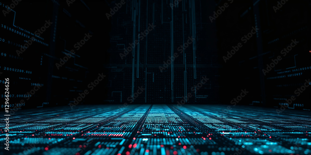 Leinwandbilder futuristic server room processing big data with digital numbers flowing on walls and floor