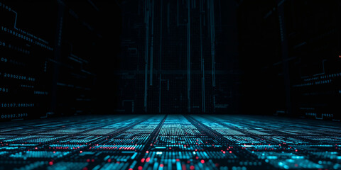 Futuristic server room processing big data with digital numbers flowing on walls and floor