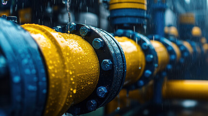 Yellow and blue gas pipes are prominently displayed, glistening under the raindrops in a bustling industrial environment, showcasing the robustness of infrastructure